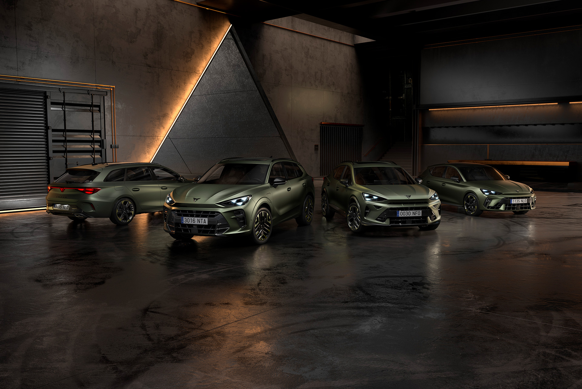 CUPRA Tribe Editions lineup—Formentor, Leon, Leon Sportstourer, and Terramar—parked in a garage setting, all in Manganese Matt finish.