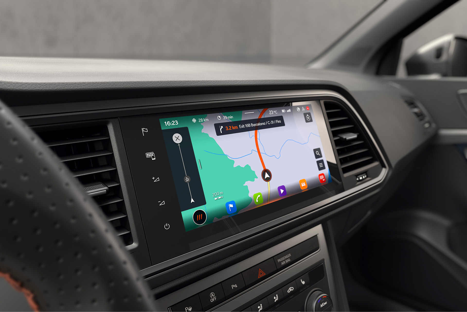 Close-up view of the 9.2" Navi System in the CUPRA Ateca, showcasing fully online navigation with clear and detailed mapping for precise route guidance.