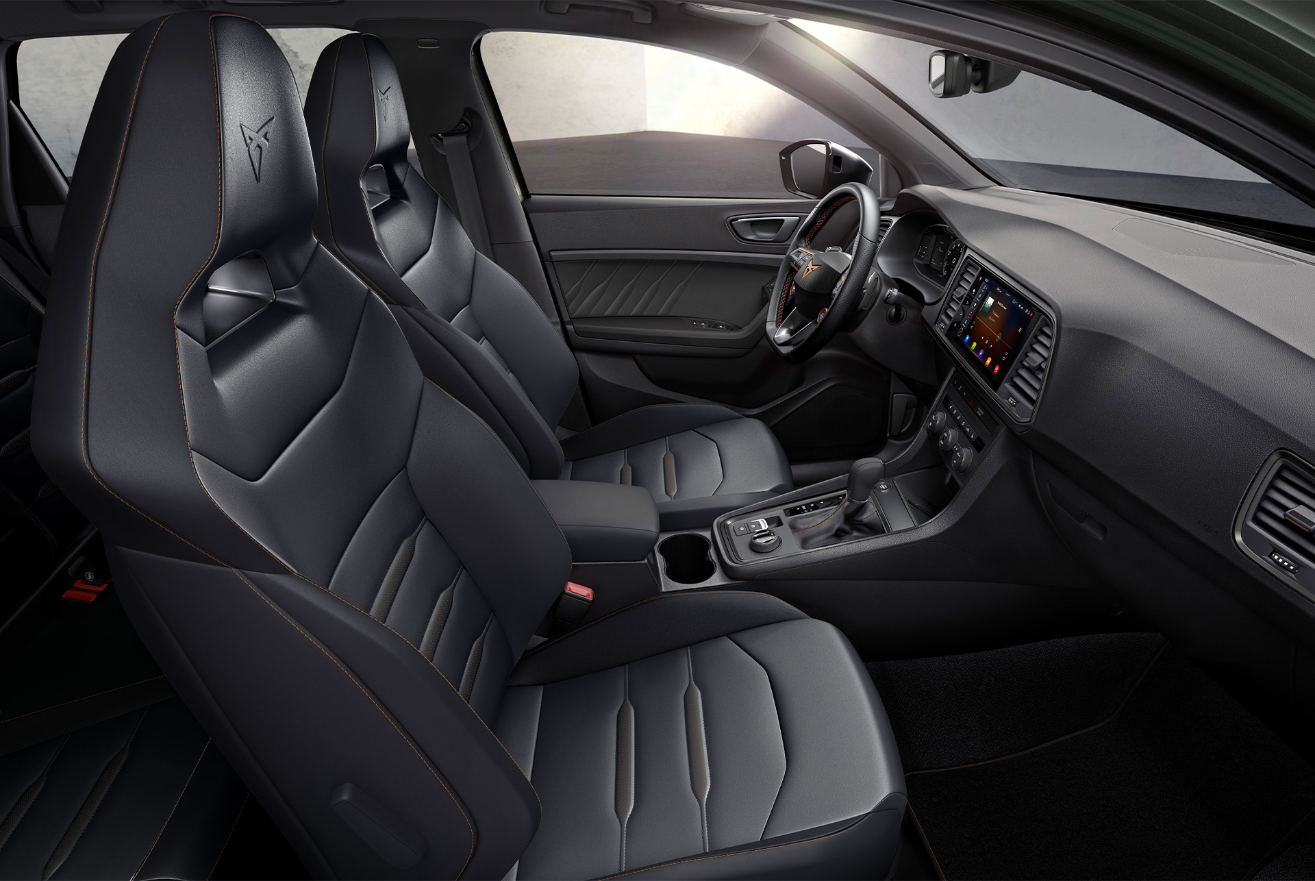 Interior view of the CUPRA Ateca with genuine Black Leather sporty Bucket seats, offering a polished and sophisticated look to enhance your driving experience.