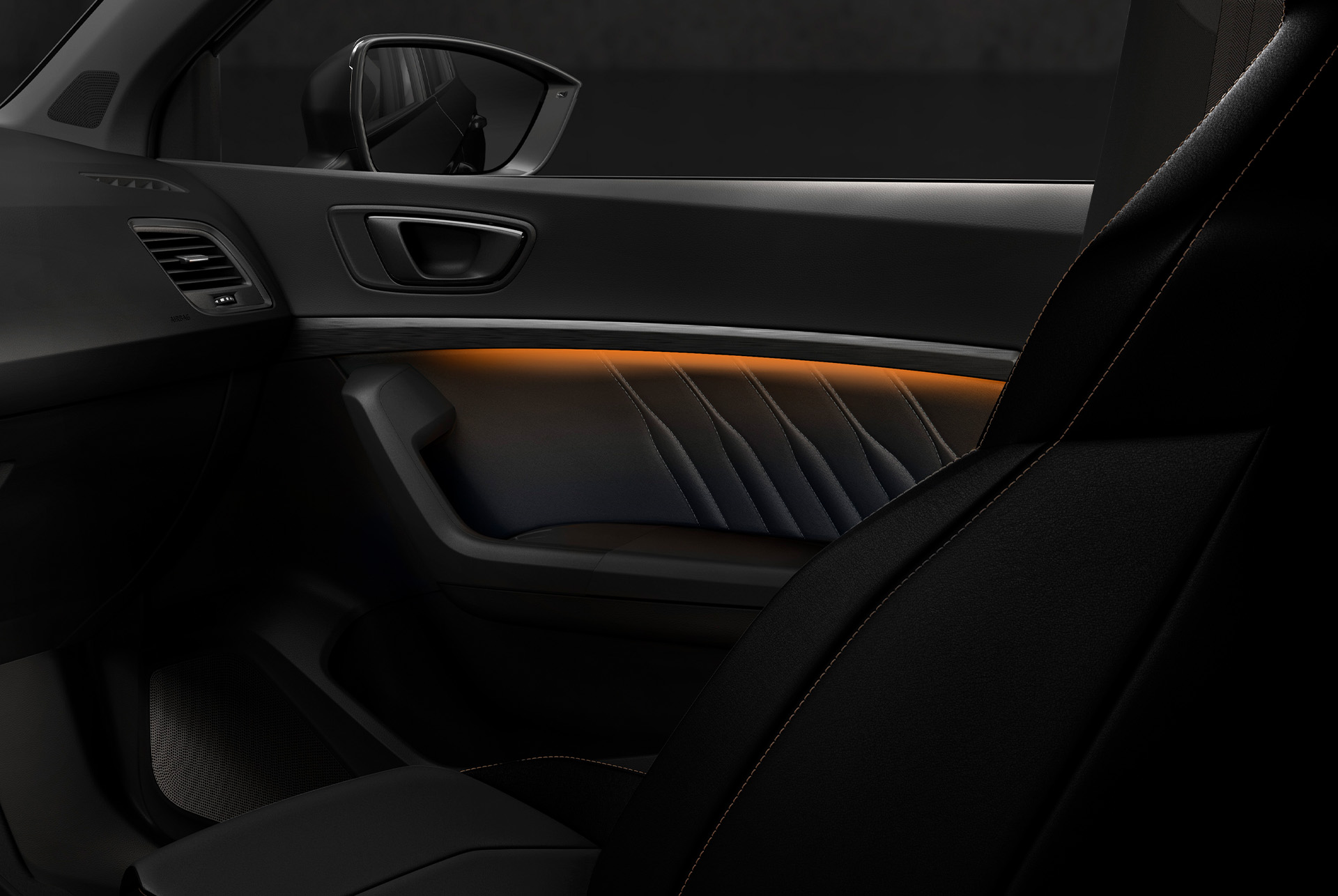Interior view of the CUPRA Ateca showing ambient lighting that adjusts to your mood, enhancing the driving experience with customizable tones. 
