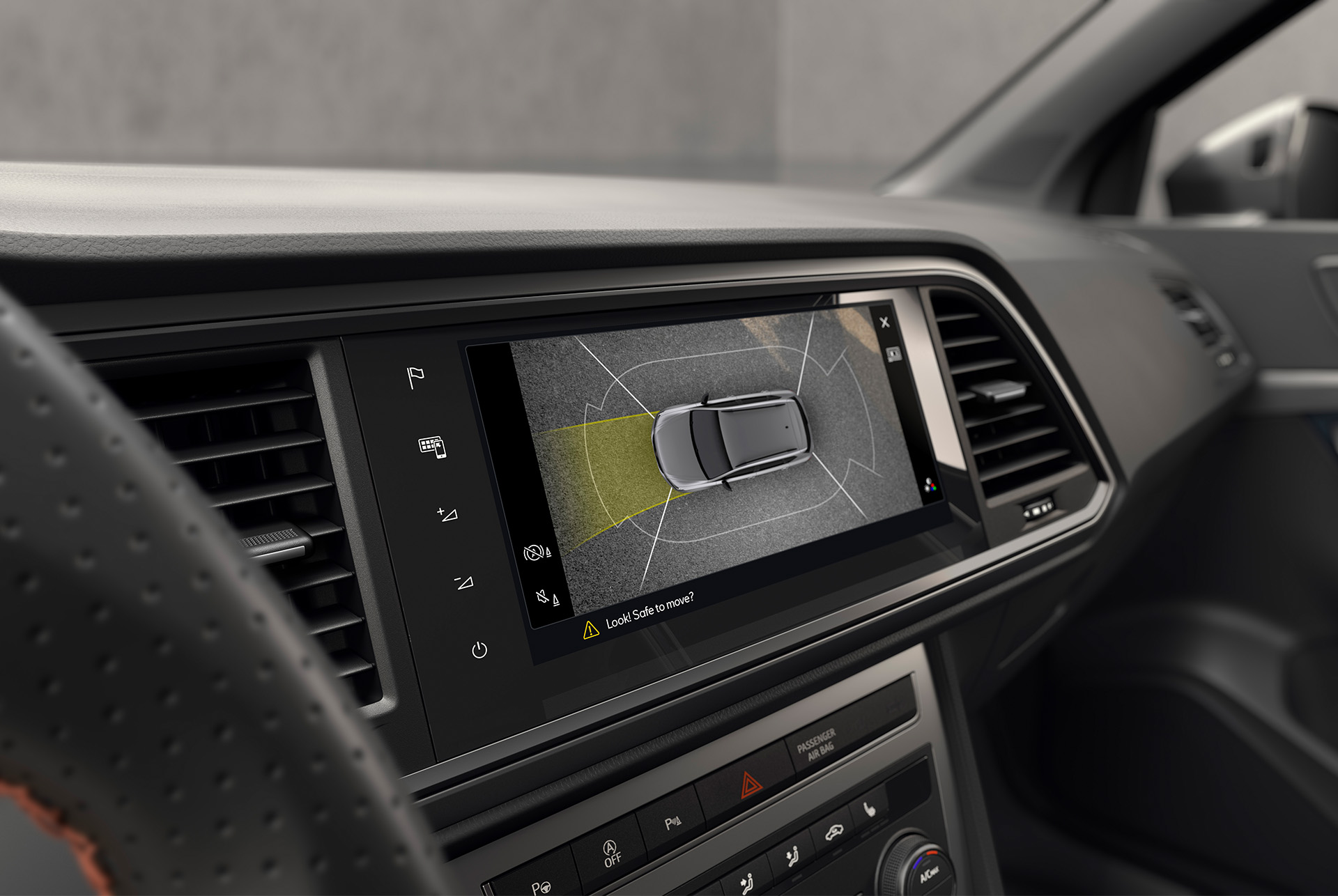 Top View camera system in the CUPRA Ateca displaying a bird's-eye view to assist with parking in tight spots.