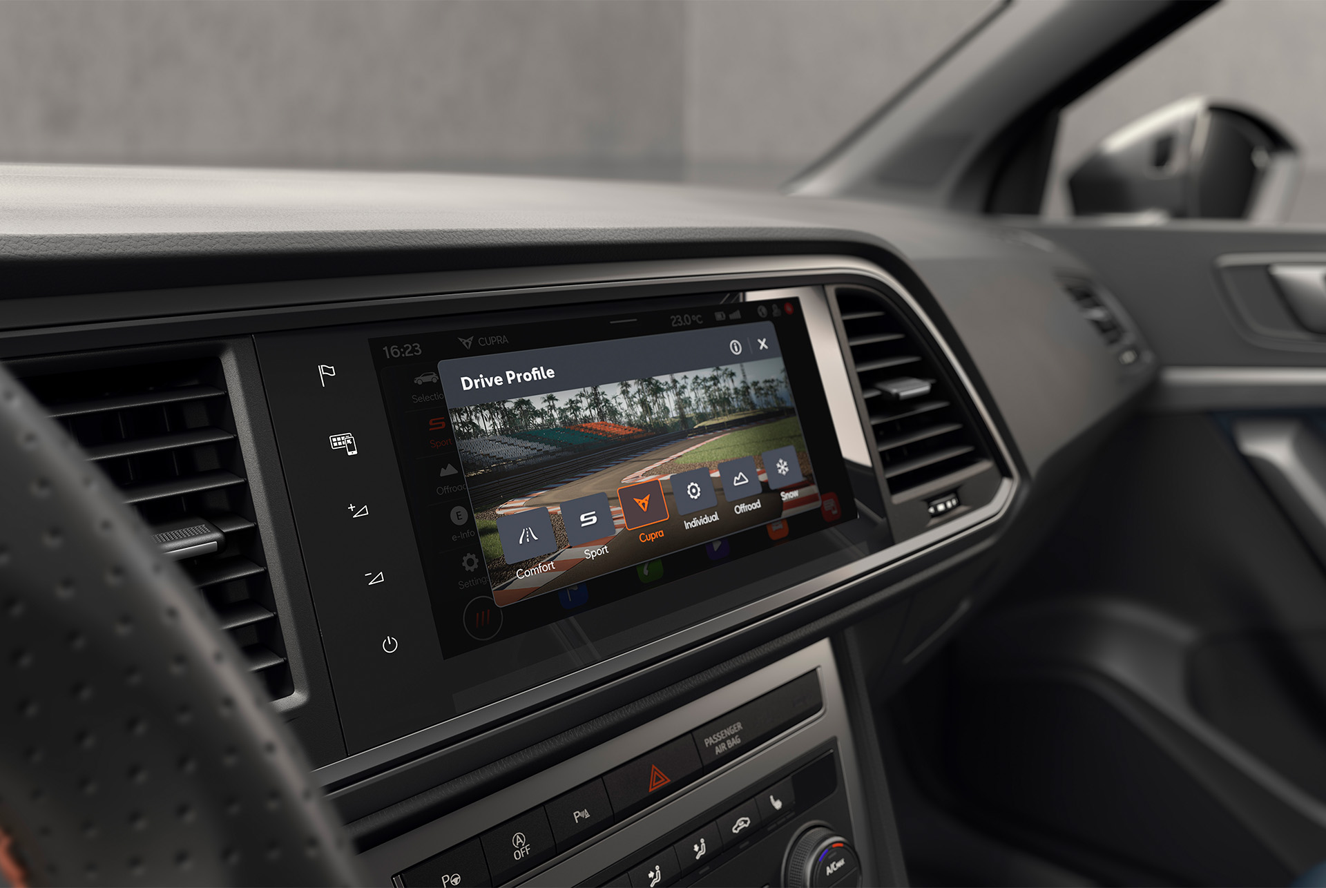 The CUPRA Ateca dashboard screen displaying DCC with Driving Profile settings. Harness race-level command with CUPRA Drive mode for full power performance.