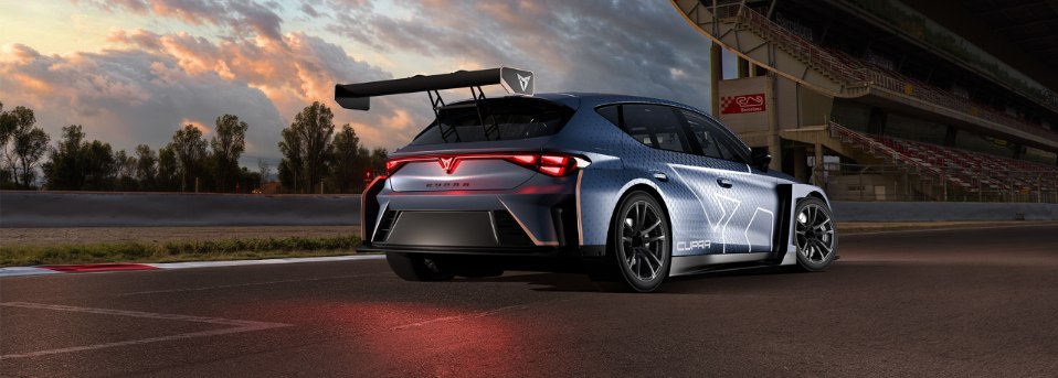 cupra leon vz tcr at sunset on a motorsport racetrack, with a rear view of high performance vehicle for sale.