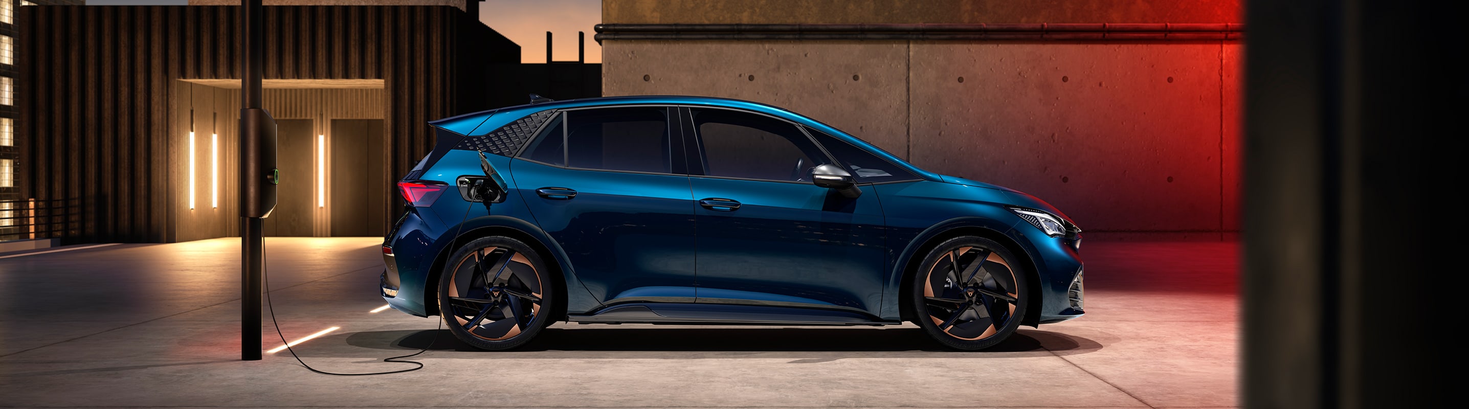 The new CUPRA Born Aurora Blue colour at a charging point