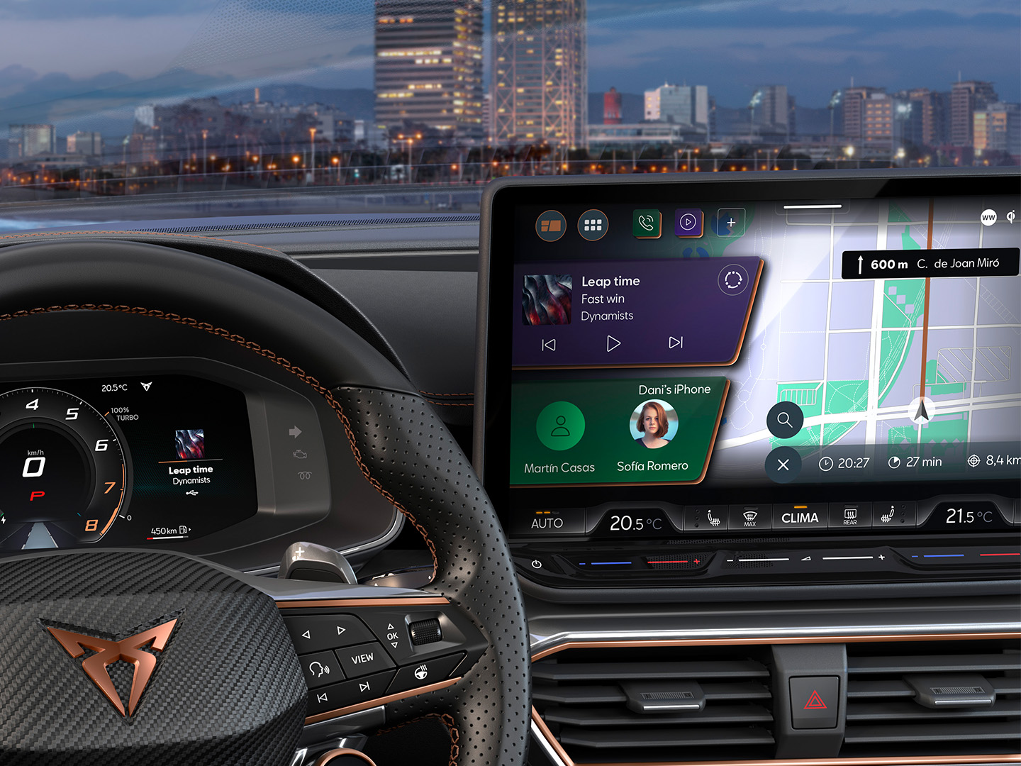 Close up of CUPRA Formentor 2025 dynamic display, copper logo, adaptive cruise control, pre-crash and lane keeping system. Includes intelligent park assist, drowsiness assist, side assist, speed limiter and a top view camera.   