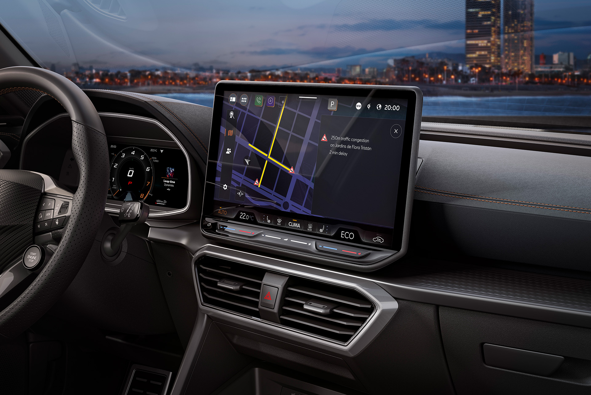 Close up of the new CUPRA Formentor's 2024 interior, infotainment system, dashboard, air vent and wheel.