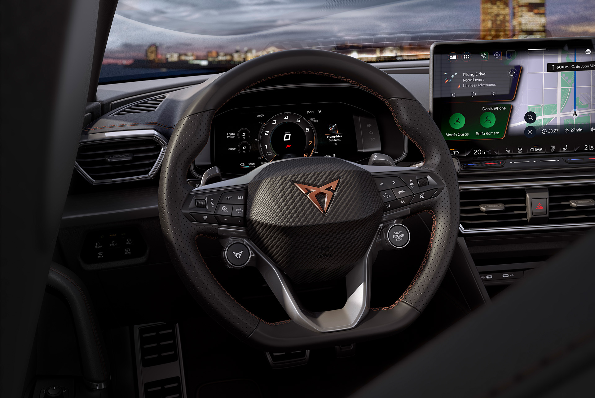 Cupra Leon Sportstourer interior wheel air vents infotainment dashboard.