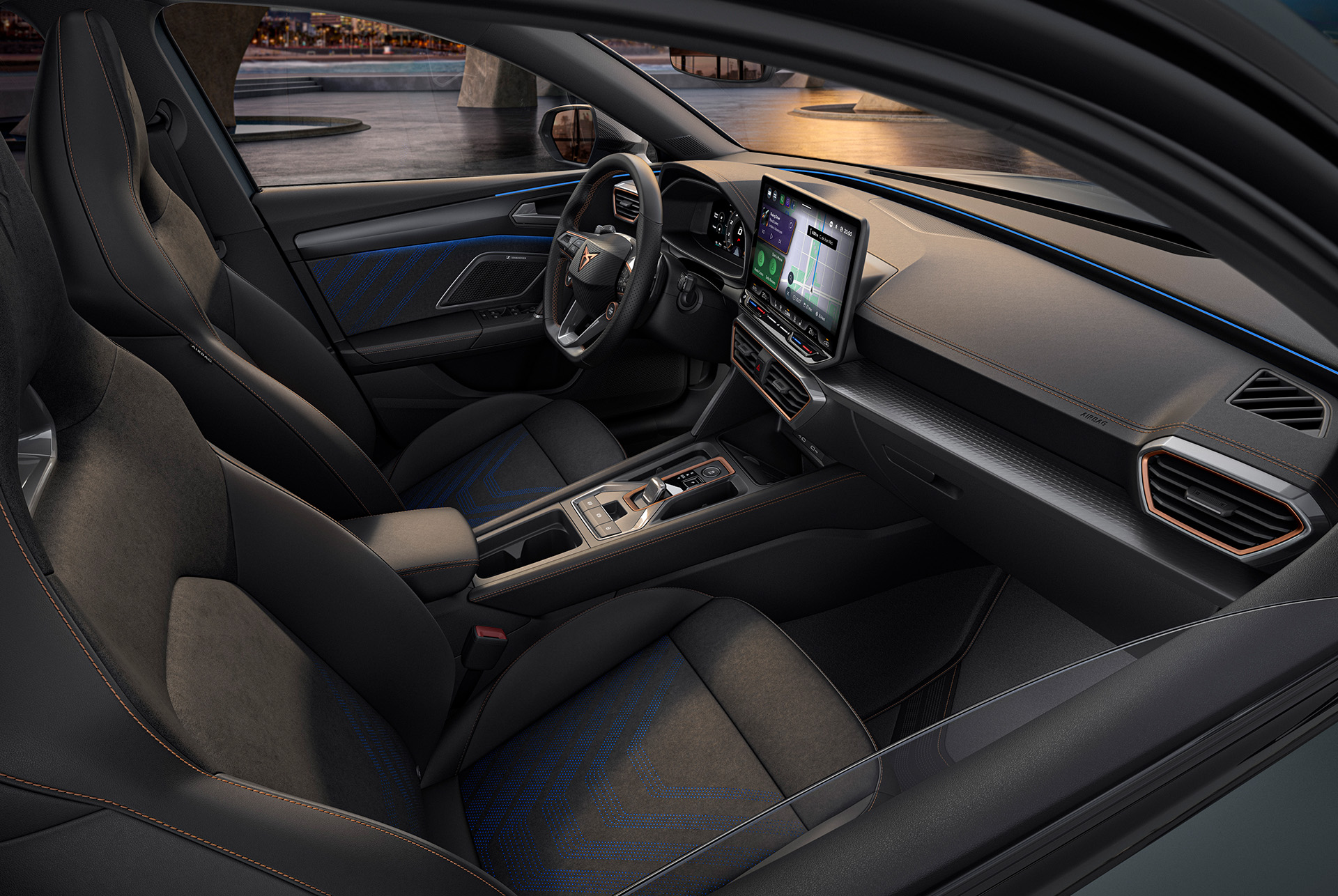 cupra leon sportstourer dynamic interior design, bucket seats made from recycled vegan microfibre material, electric memory functions and heating settings.