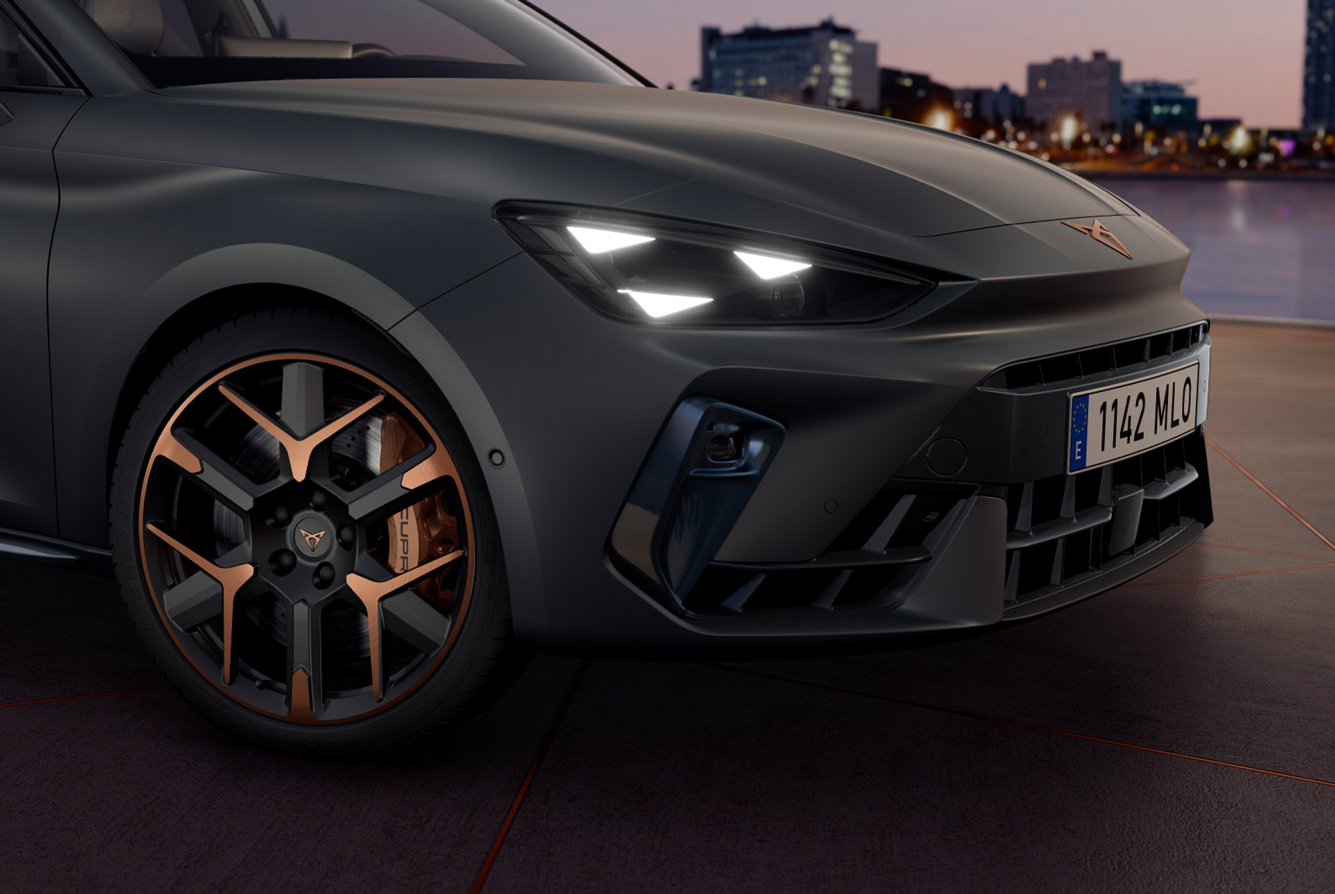 cupra leon sportstourer hybrid car technology, parked on concrete, cityscape and architectural concrete structure with cupra matrix led headlights