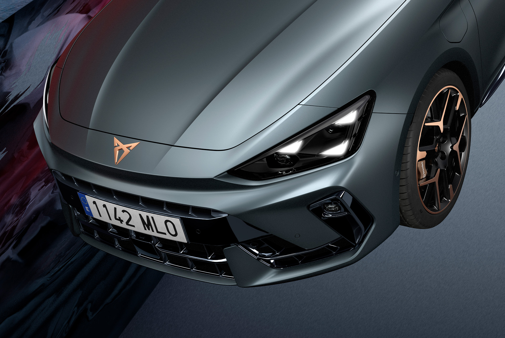 Cupra Leon steering wheel, infotainment driving profile selection, advanced steering technology, dynamic chassis control option, dashboard, window and city skyline.