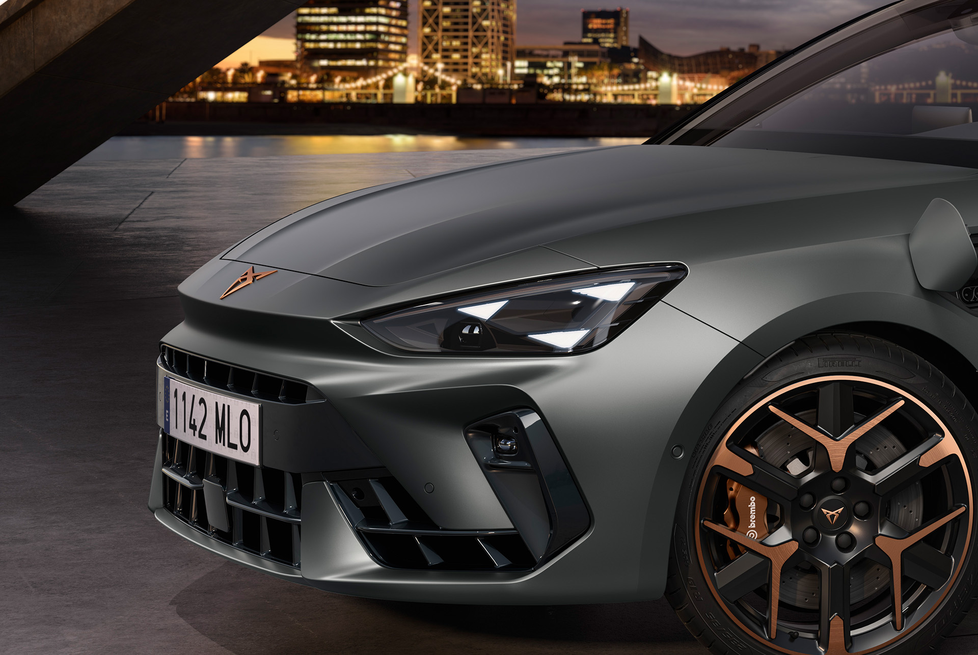 cupra leon hybrid car model on charge equipment pack, matrix LED lights, featuring a distinctive signature eye headlights.