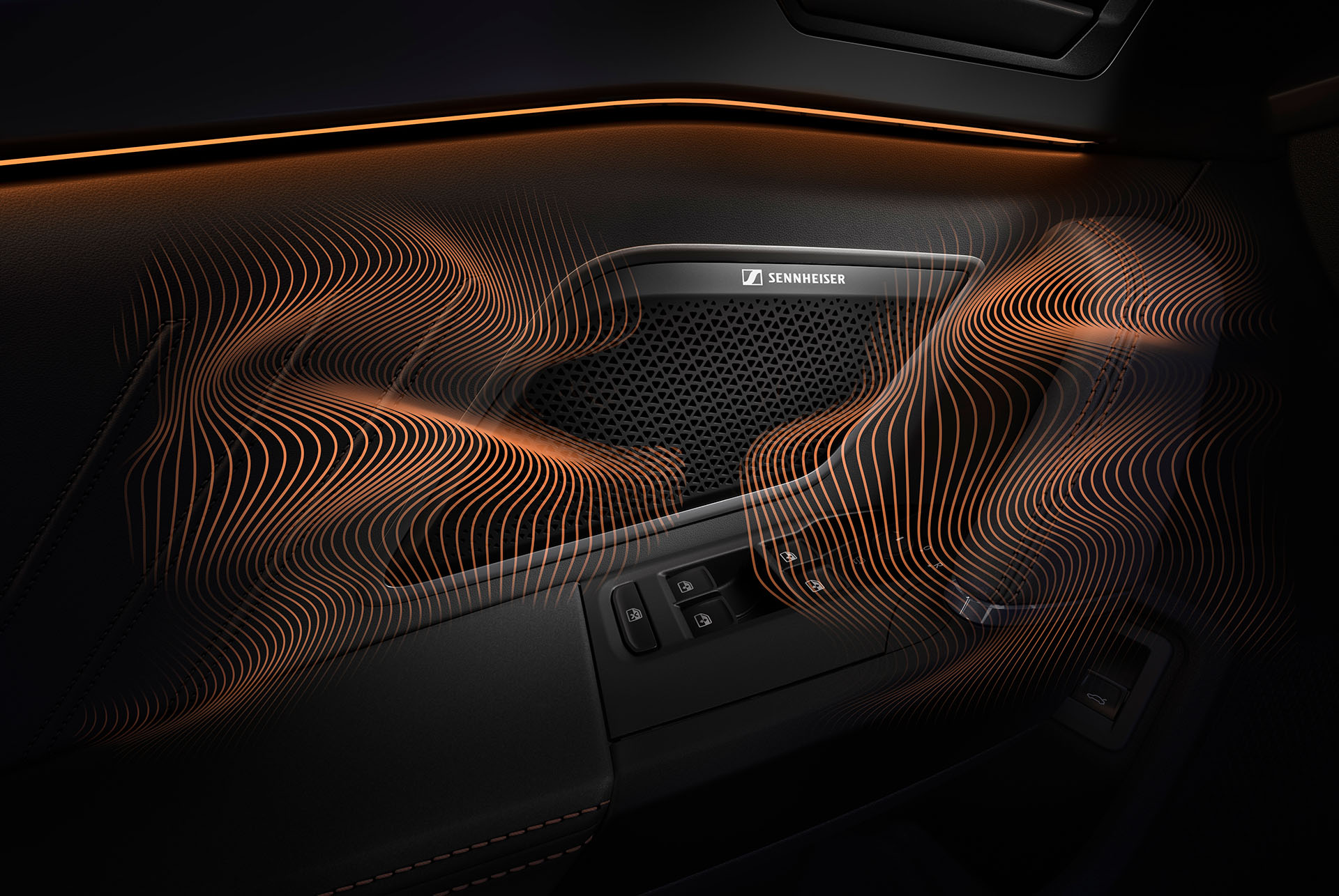 Cupra Leon immersive by sennheiser equipment upgrade technology. close up of sennheiser speaker on Cupra Leon door panel, sound waves and ambient lighting.
