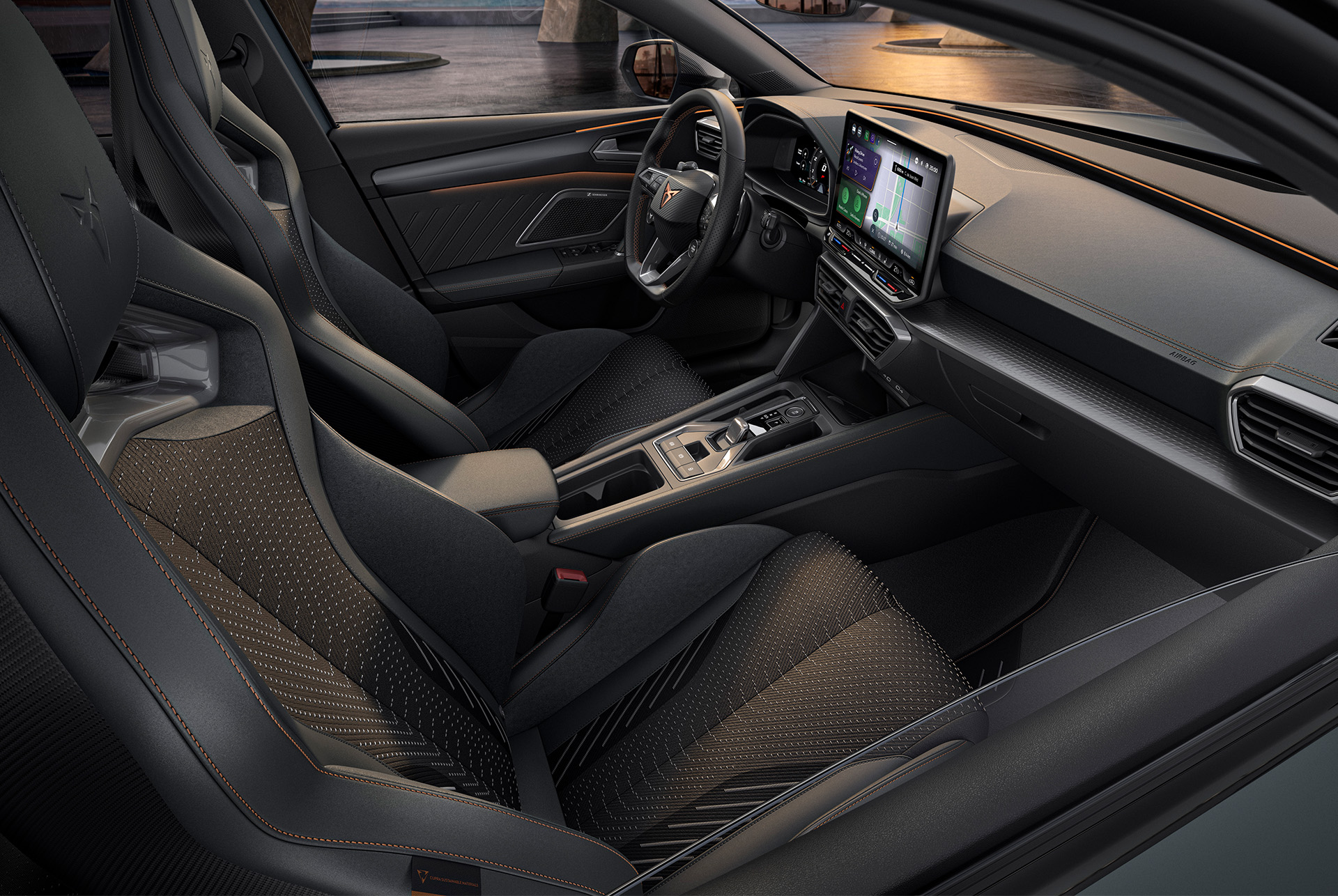 Cupra Leon extreme hybrid car interior design, sporty cup bucket seats with heating and electric, with memory settings for both driver and front seat passenger.