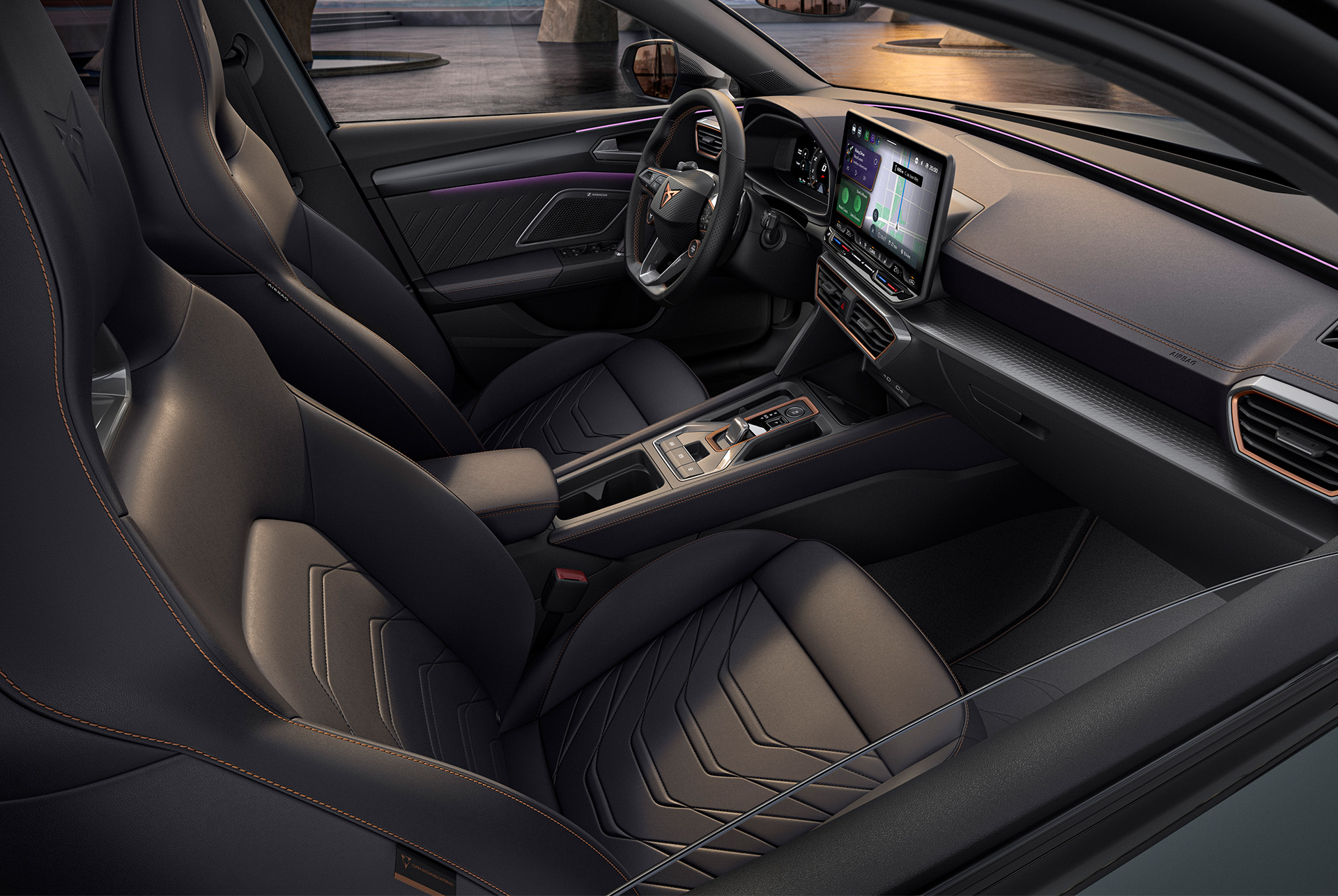 Cupra Leon progressive interior phev car design, bucket seats metallised leather seats with heating and electric with memory settings for the driver and front-seat passenger. 