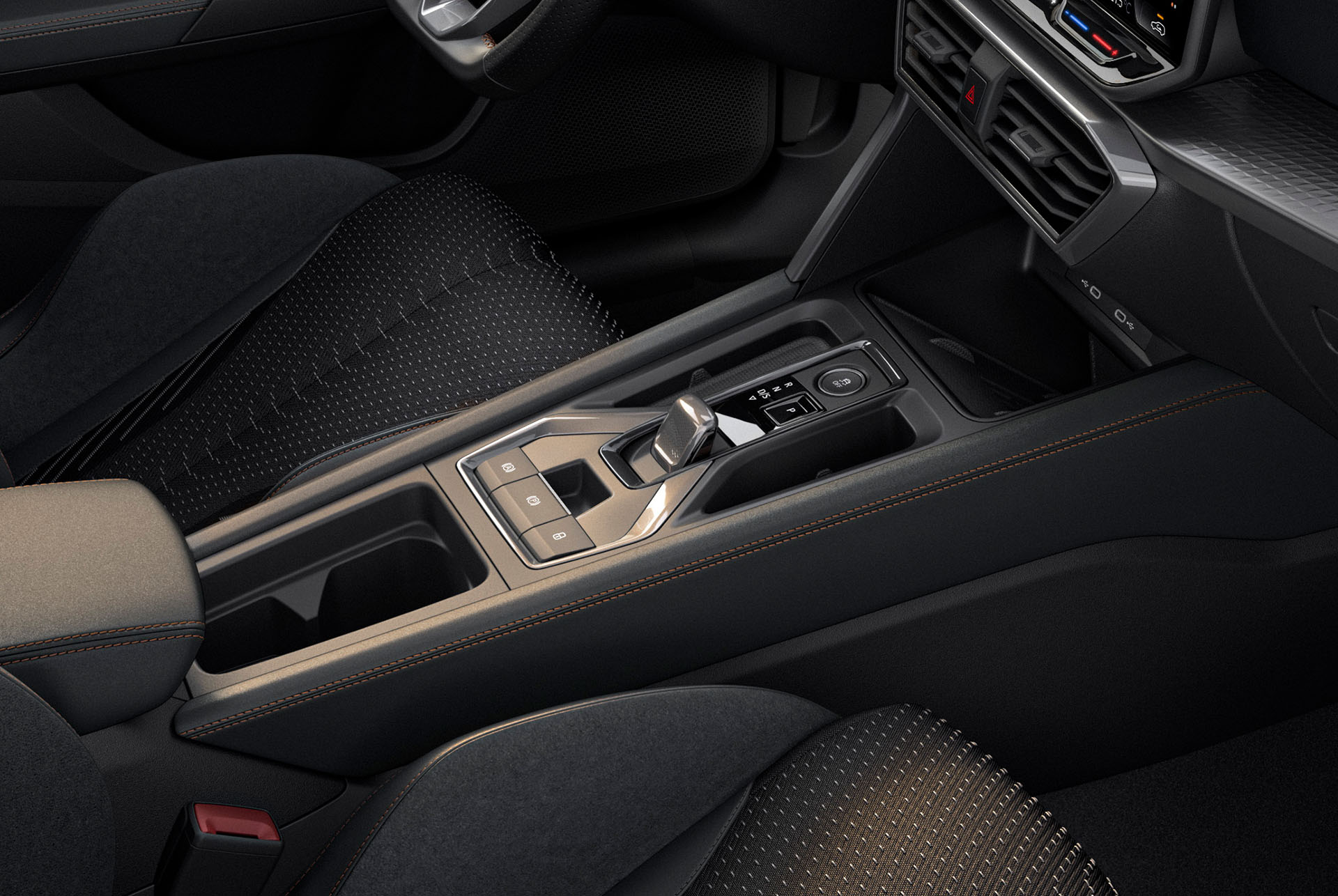 close up of cupra leon hybrid car interior design central console, cupra connect controls, copper stitching, black and metallic trim.