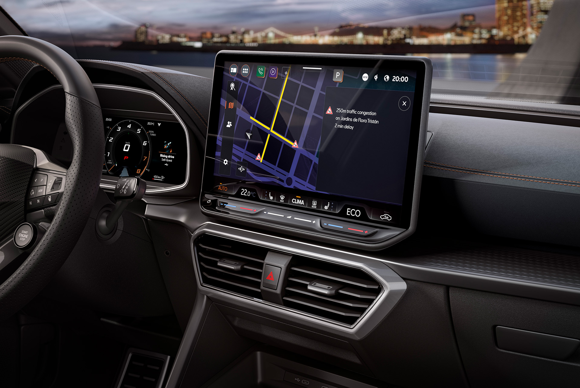 : infotainment screen, wheel, dashboard and air vents of cupra leon hybrid vehicle.