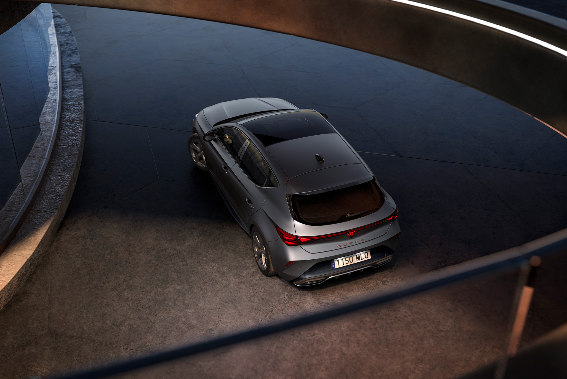 Front view of Cupra Leon car in dark atmosphere with ambient lighting.