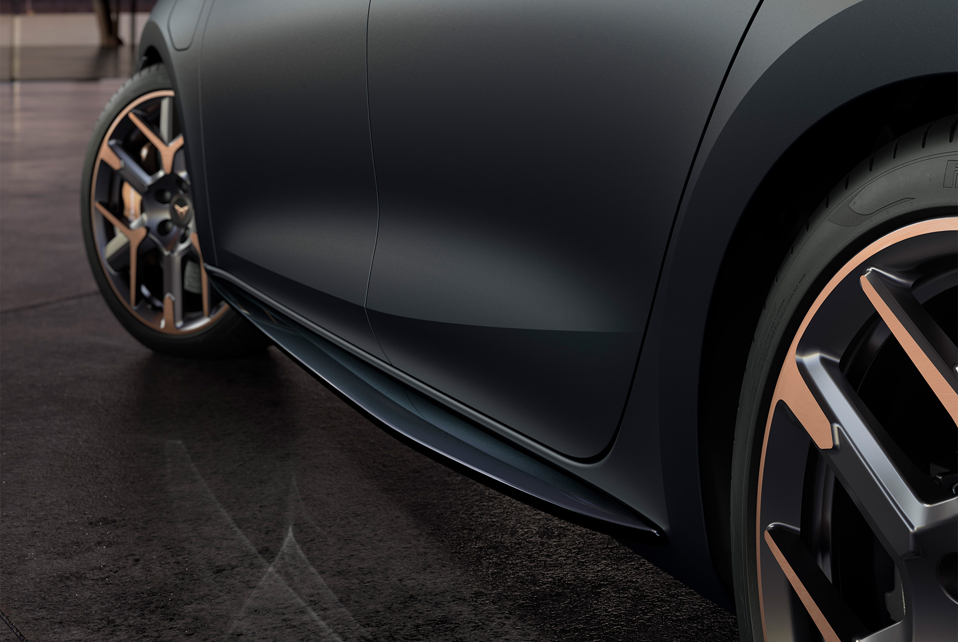 close up of door panel design for cupra leon grey matt body door panels and hailstorm copper accent wheels and side skirt