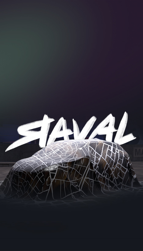 The CUPRA Raval car is covered by a dark cloth patterned with the white street map of the Raval neighborhood in Barcelona. The car is positioned in front of a dark background with large white text reading "RAVAL".