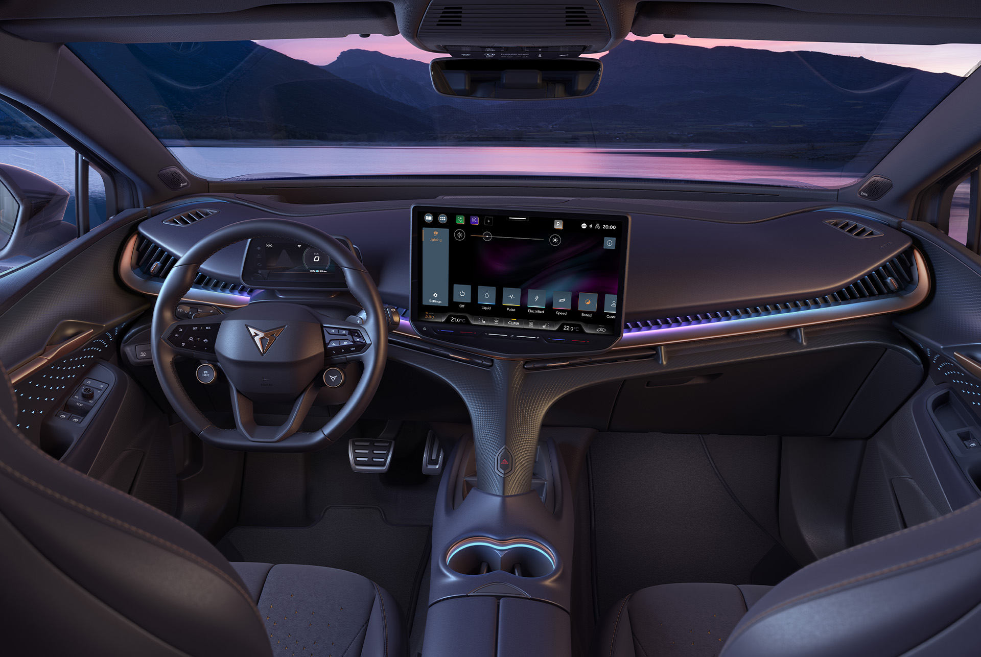 driver's seat, car dashboard and infotainment system in the 2025 CUPRA Tavascan