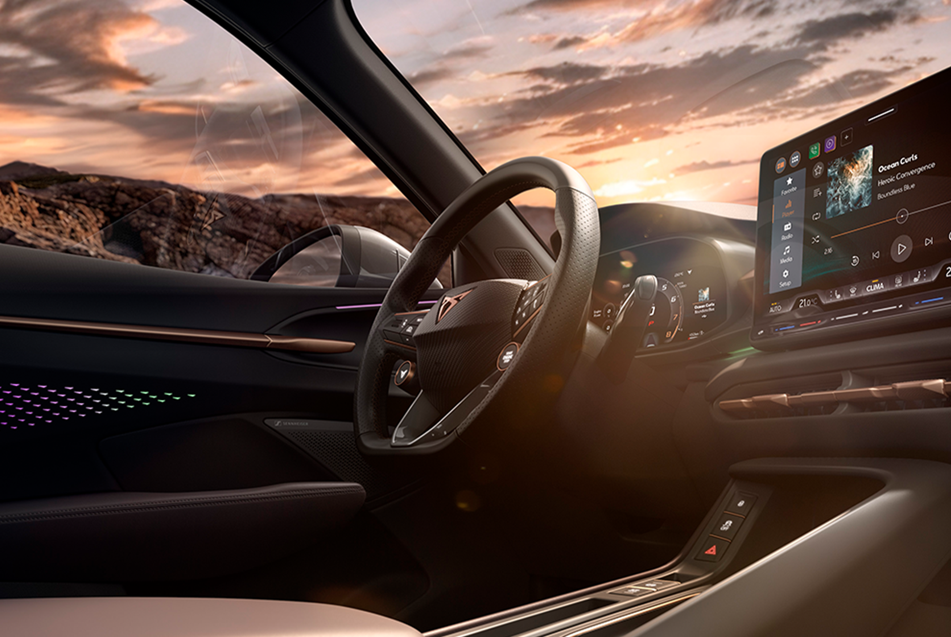 close-up view of the leather-wrapped multi-function sports steering wheel in the cupra terramar, featuring integrated heating and tiptronic capabilities.