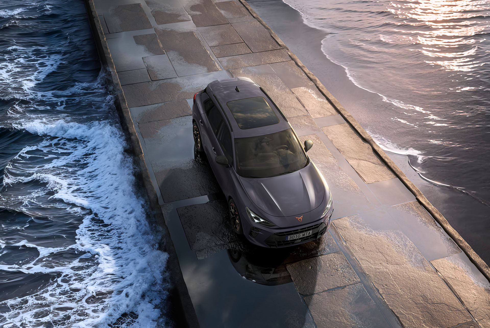 upper view of the new cupra terramar 2025 showcasing its sleek design and athletic proportions. Parked by the coast.