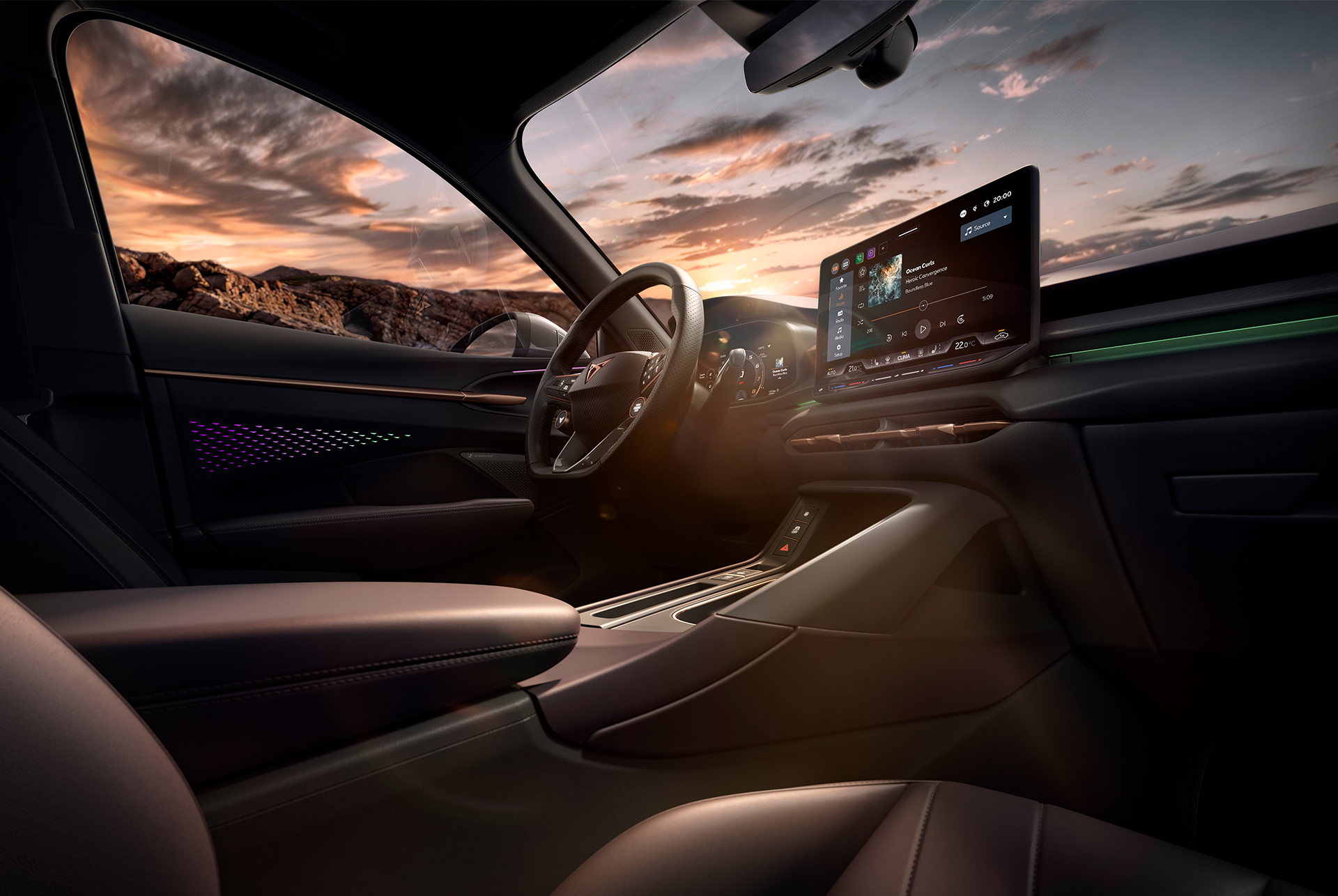 interior design of the new cupra terramar 2025 showcasing the advanced dashboard view and the steering wheel.