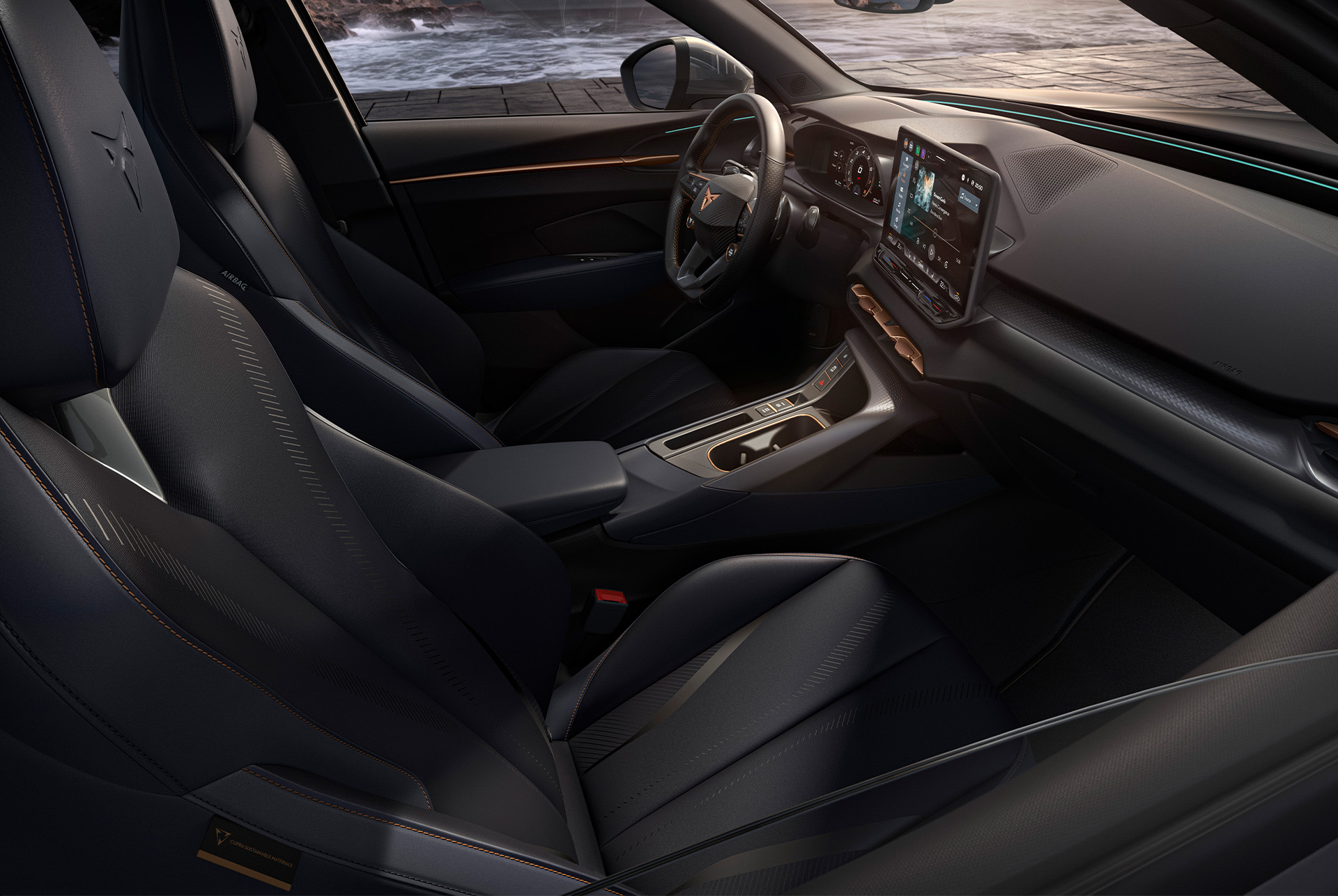 Cupra rerramar interior with seaqual yarn seats made from recycled marine plastic, a steel deep blue dashboard with copper accents and adjustable sport seats.