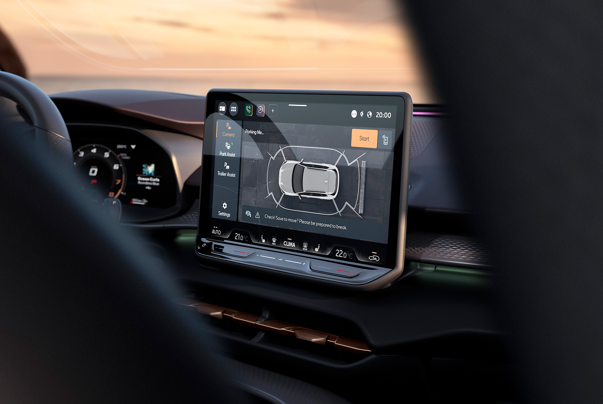 cupra terramar's infotainment system, highlighting the top view camera functionality on the 12.9 inch touchscreen display.