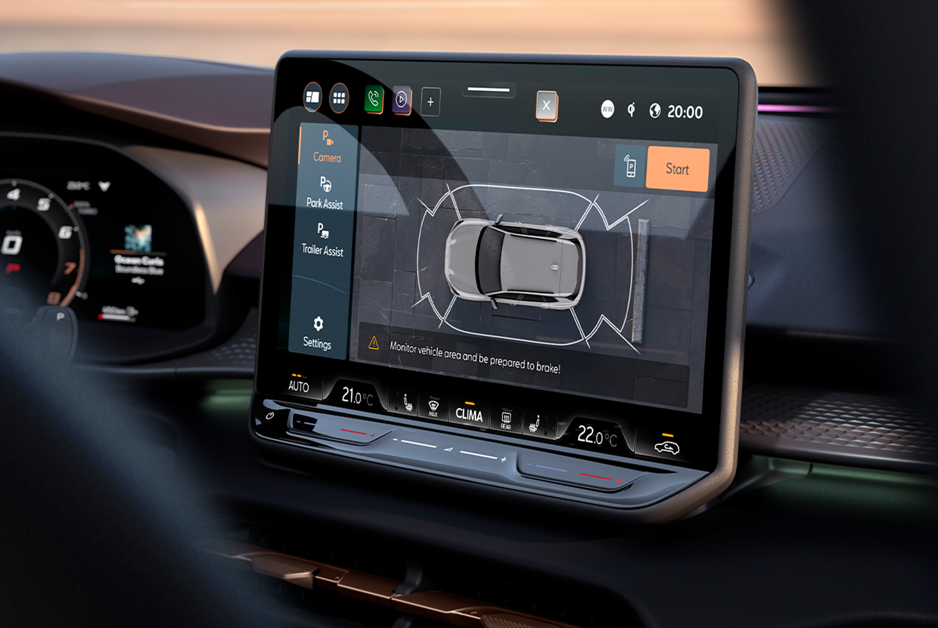 cupra terramar's infotainment system, highlighting the top view camera functionality on the 12.9 inch touchscreen display.