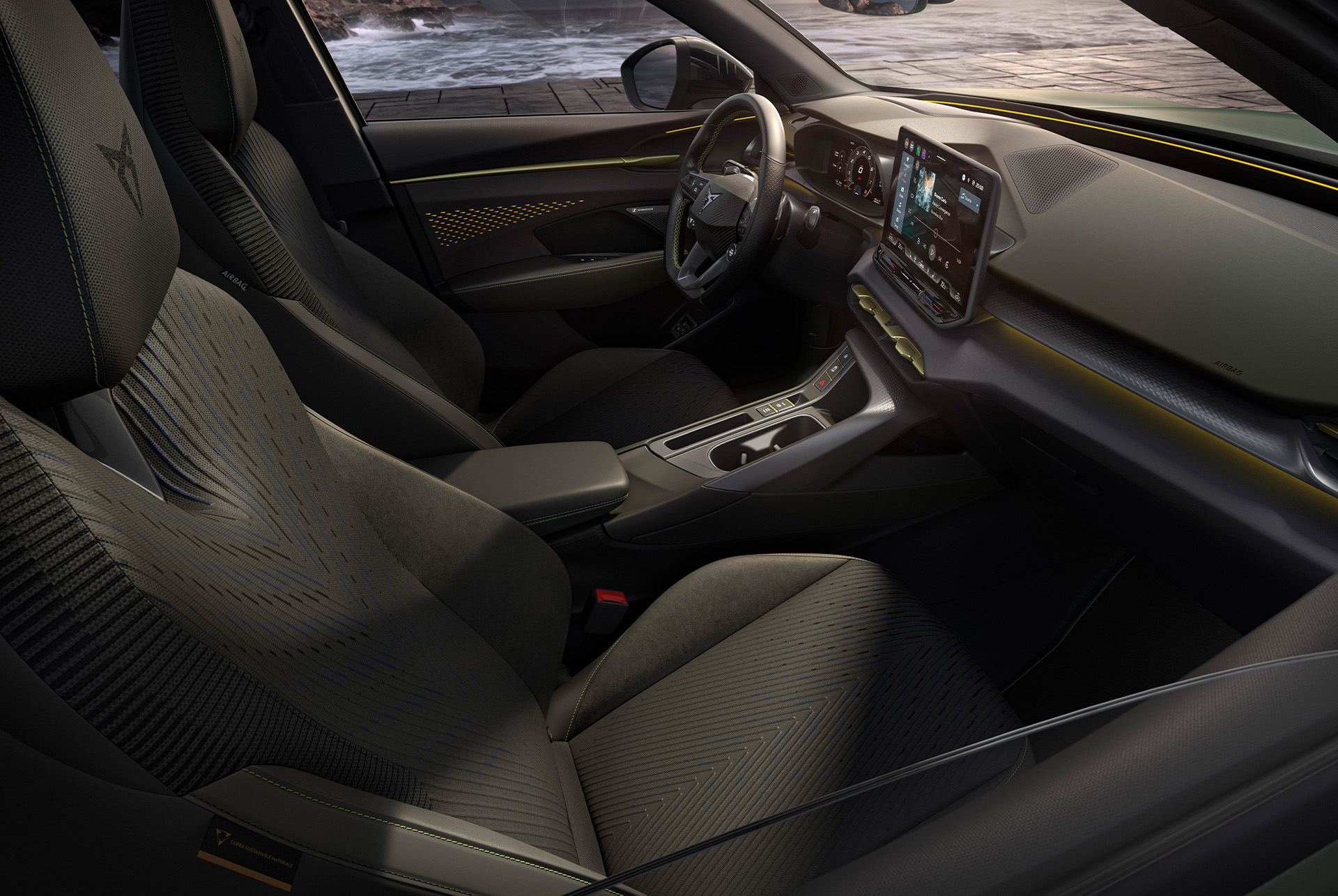 : Interior view of the cupra terramar that showcases the new tribe upholstery, designed with a sophisticated aesthetic crafted with 3D-knitting technology