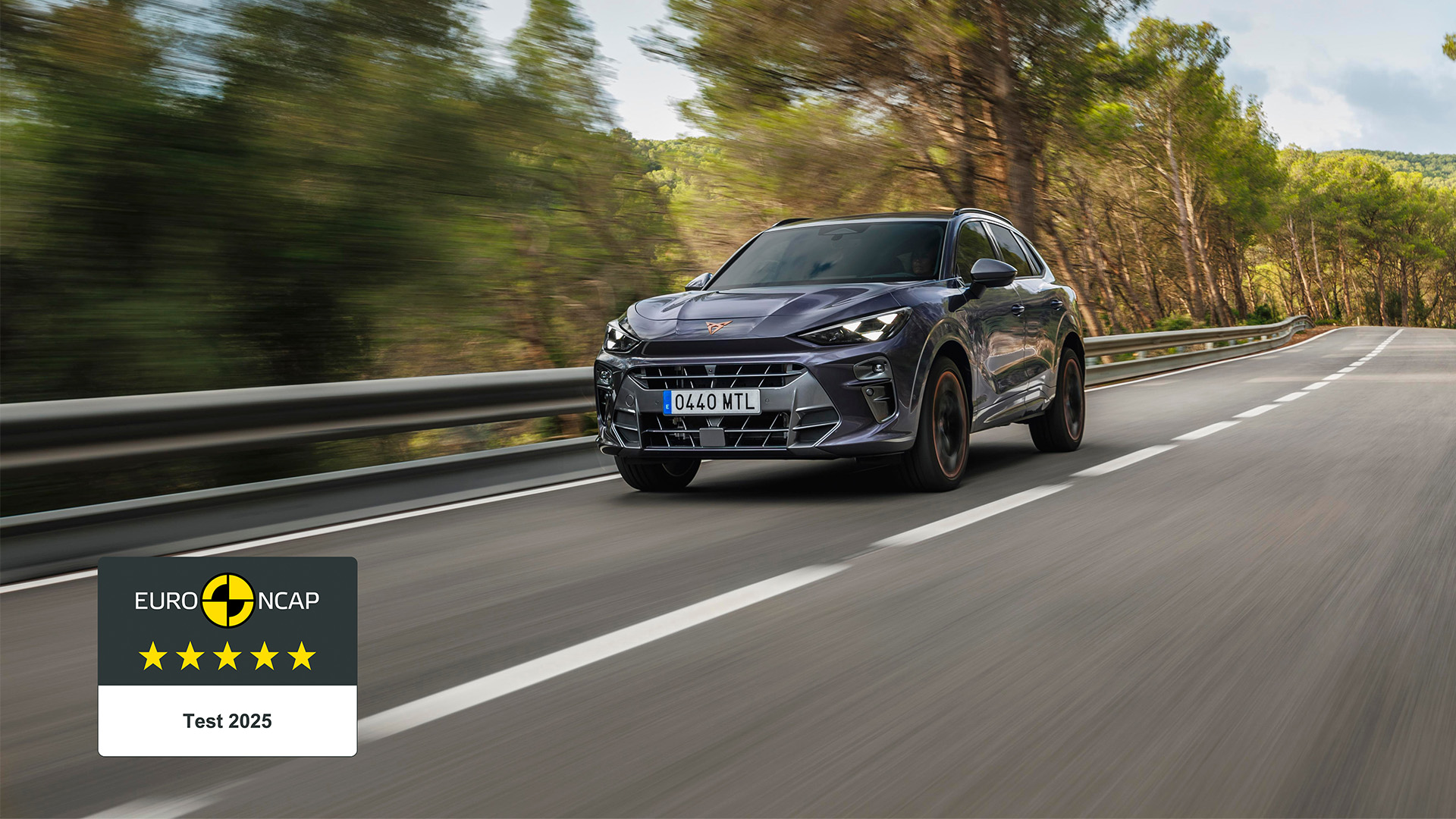 A CUPRA Terramar outdoors, performing on the road to showcase its safe driving experience, now awarded with the 5-star Euro NCAP rating in 2025.