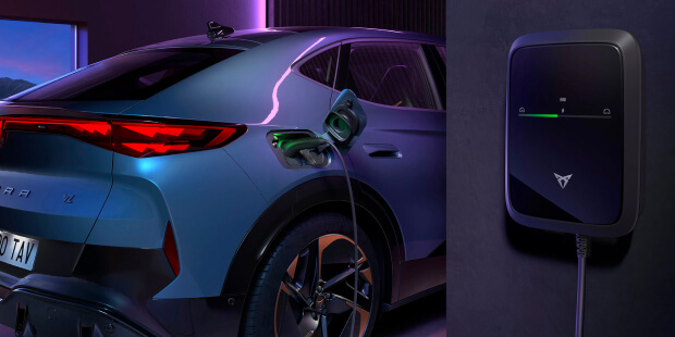 Charging a CUPRA Tavascan electric car with mode 3 cable at home wallbox, illustrating how much it costs to charge an electric car.